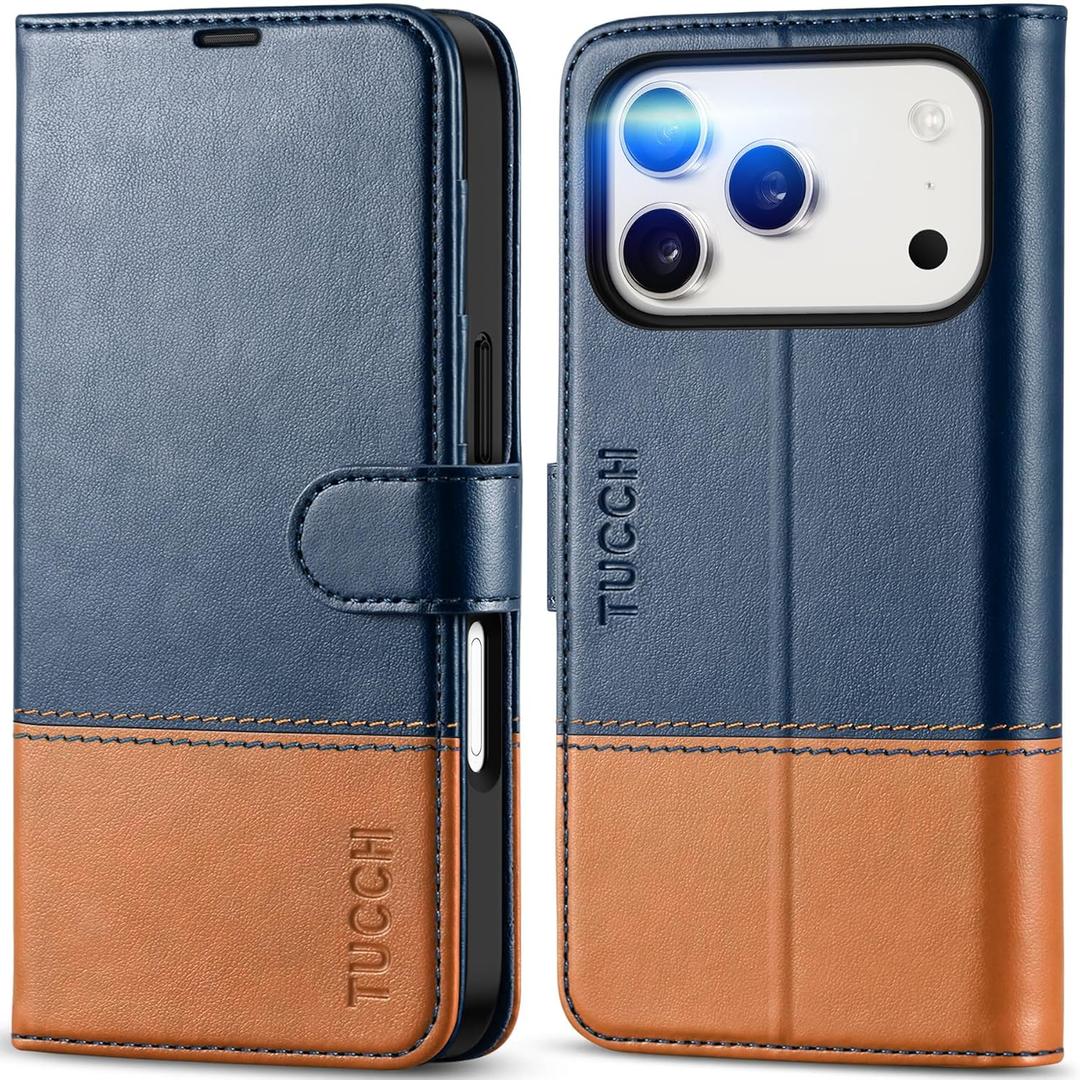 TUCCH Wallet Case for iPhone 17 Pro (6.3") 2025, 4 Card Holders, RFID Blocking, Stand, Shockproof TPU Shell, PU Leather, Magnetic Closure, Protective Flip Folio Cover, Blue & Brown