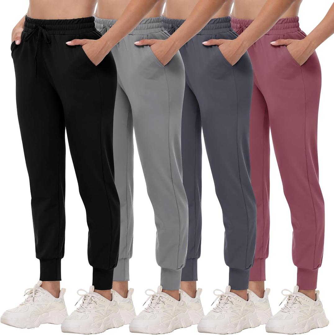 4 Pack Joggers for Women - Sweatpants with Pockets Lightweight Comfy Yoga Pants for Workout Travel Lounge (Small, Black/Light Grey/Dark Grey/Pink)