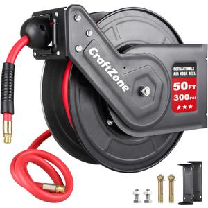 Retractable Air Hose Reel | Rewind 50 ft x 3/8 in Hybrid Air Hose Max 300PSI | Heavy Duty Air Compressor Hose Reel with Auto Rewind and Bracket | Ceiling|Wall Mount for Garage | Workshop | Home Studio