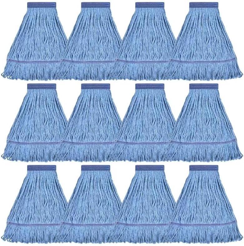 Matthew Cleaning Heavy Duty Mop Head Commercial Replacement for General and Floor Cleaning , Wet Industrial Blue Cotton Looped End String Head Refill (Pack of 12) Blue
