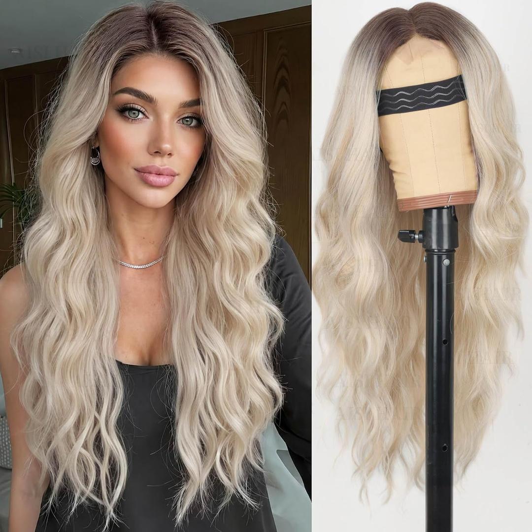 AISI HAIR Ombre Platinum Blonde wig Wig for Women, Long Wavy Lace Hairline Middle Part Synthetic Heat Resistant Wig for Daily Party-26 Inch