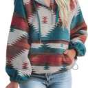 Fessceruna Womens Aztec Half Zip Up Hoodies Sweatshirt Casual Long Sleeve Oversized Ethnic Tribal Hooded Pullover Shirt Top (Medium, Blue)