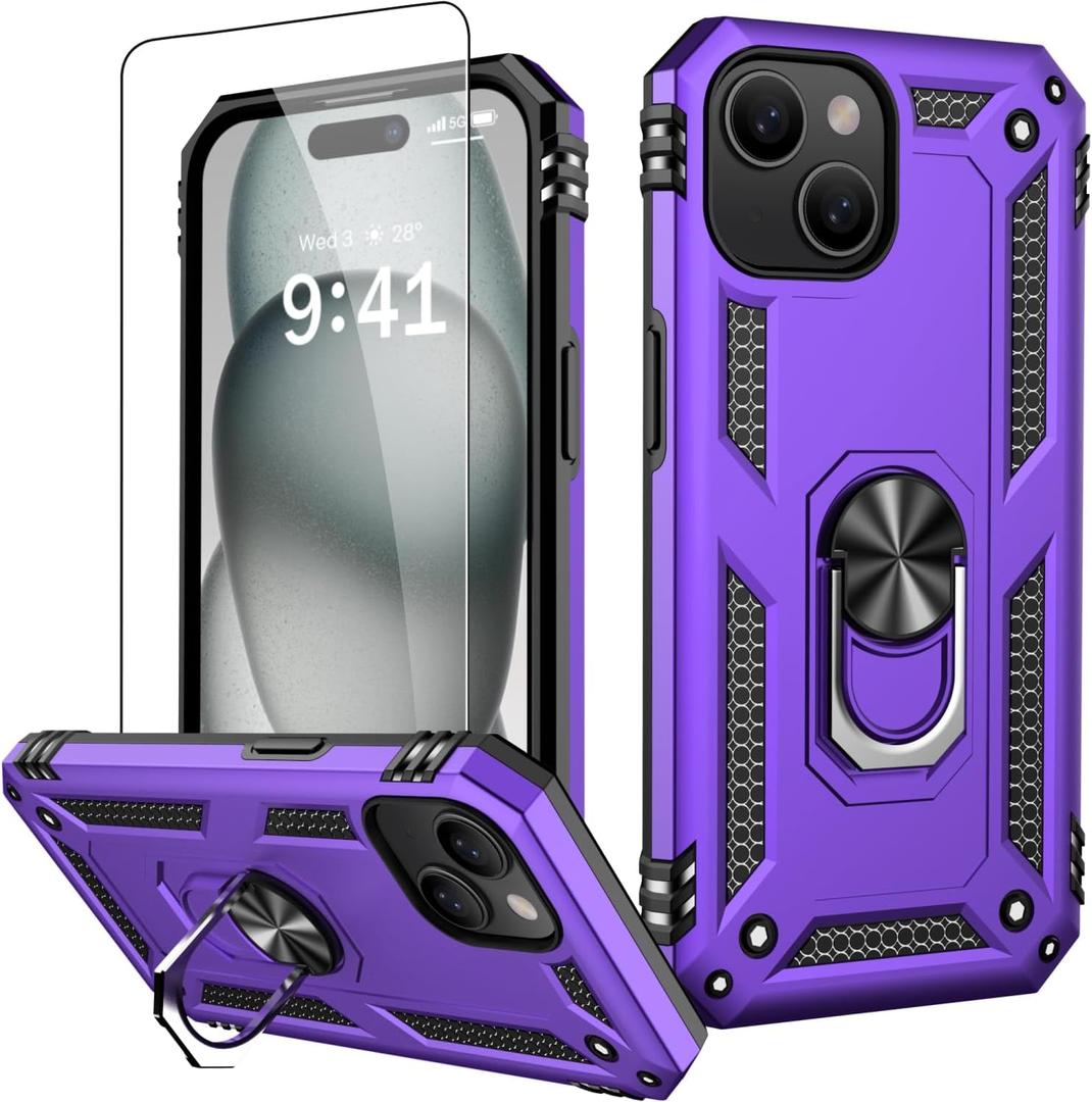 IKAZZ for iPhone 15 Plus Case 6.7 Inch with Screen Protector,Military Grade Shockproof Heavy Duty Protective Phone Cover Pass 16ft Drop Test with Magnetic Kickstand Car Holder,Purple
