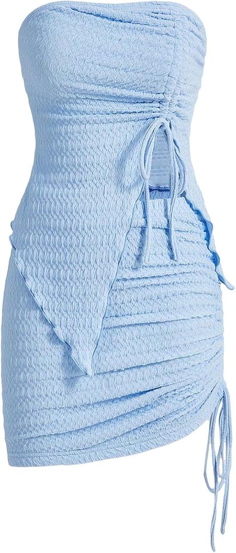 WDIRARA Women's 2 Piece Outfits Strapless Drawstring Front Ruched Crop Tube Top and Bodycon Skirt Set (Blue, S)