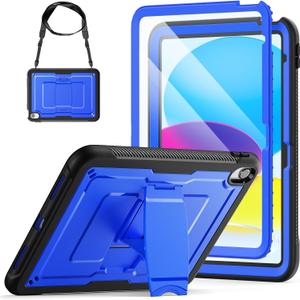 SEYMAC stock Case for iPad (A16) 11th/10th Generation 11''/10.9'' 2025/2022, with Built-in Screen Protector, Shoulder Strap, Built-in Kickstand, Rugged Full Body Shockproof Protective Case, Blue