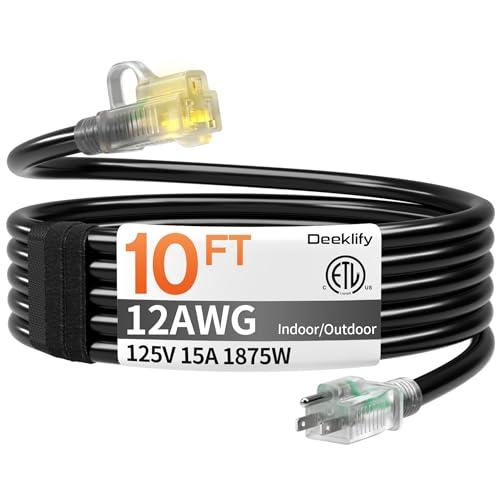 12awg 10 FT Heavy Duty Outdoor Extension Cord Waterproof with Lighted End,Black 12 Gauge Extension Cord Flexible and Cold Resistant 3 Prong Grounded Plug,15Amp 1875W SJTW ETL Listed