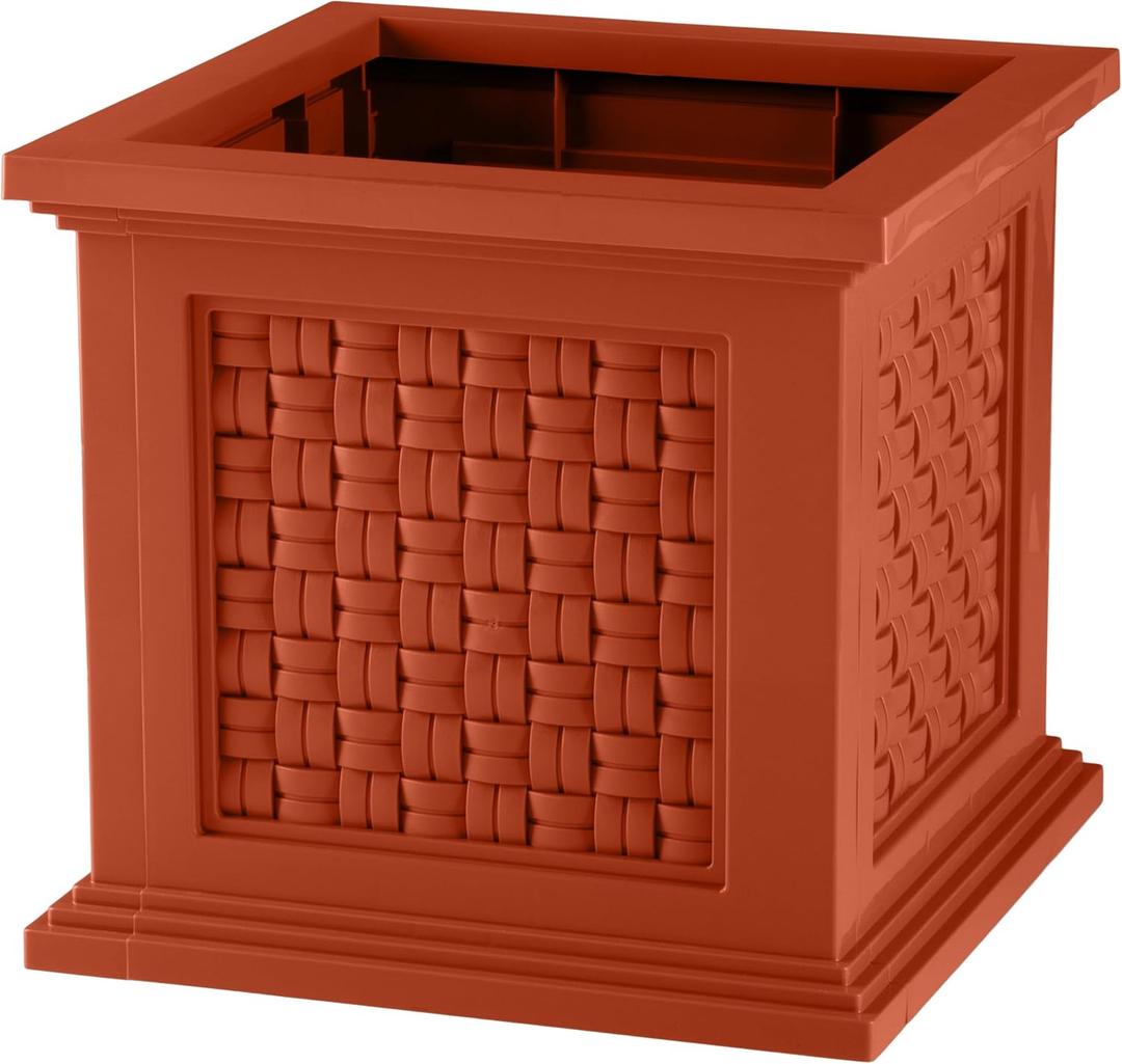 Rattan Style Outdoor Planter Box - 14.65-Inch-Square Decorative Flower or Plant Pot - Garden, Patio and Front Porch Decor by Pure Garden (Terracotta)