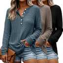 3 Pack Women's Oversized Waffle Knit Shirts Long Sleeve Henley V Neck Tops Button Up Loose Casual Pullover Sweater, Black, Mocha, Haze Blue (Size Large)