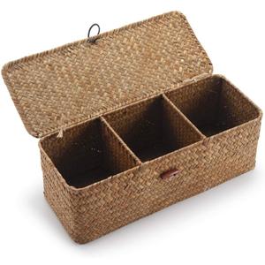 Seagrass Storage Basket for Bathroom - Toilet Tank with Lid, Wicker Woven Narrow Basket for Organizing (13" x 5" x 4.3")