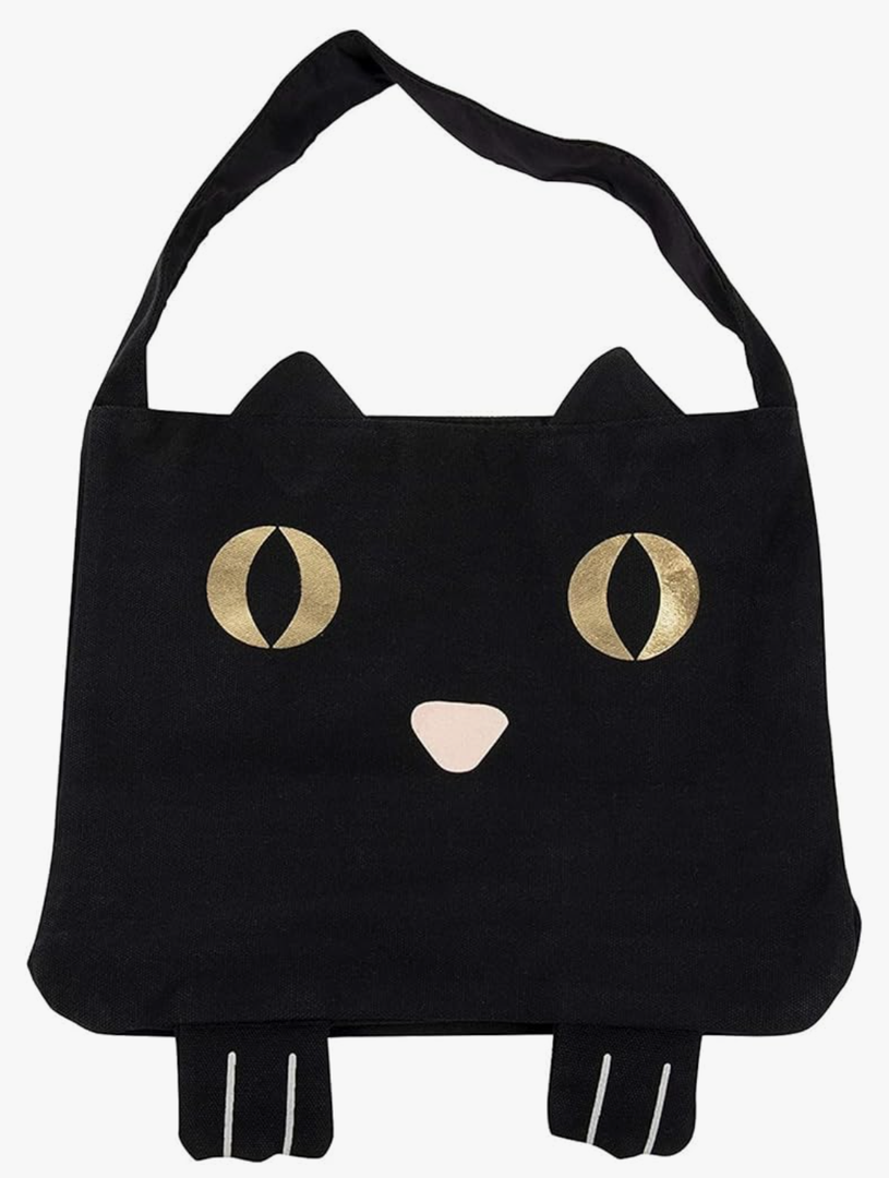 Juvale Black Cotton Cat Trick or Treat Bag with Gold Foil Eyes, Reusable for Kids, 11.25 x 15.5 in Canvas Tote for Halloween Parties