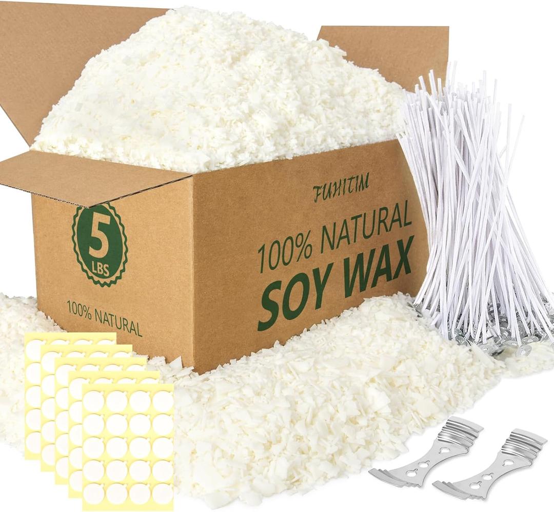 FUHITIM Soy Candle Wax for Candle Making 5 lbs Bag, Premium Natural Soy Wax Flakes, No additives and Pure, 100 Cotton Candle Wicks, 100 Wick Stickers, & 2 Centering Devices