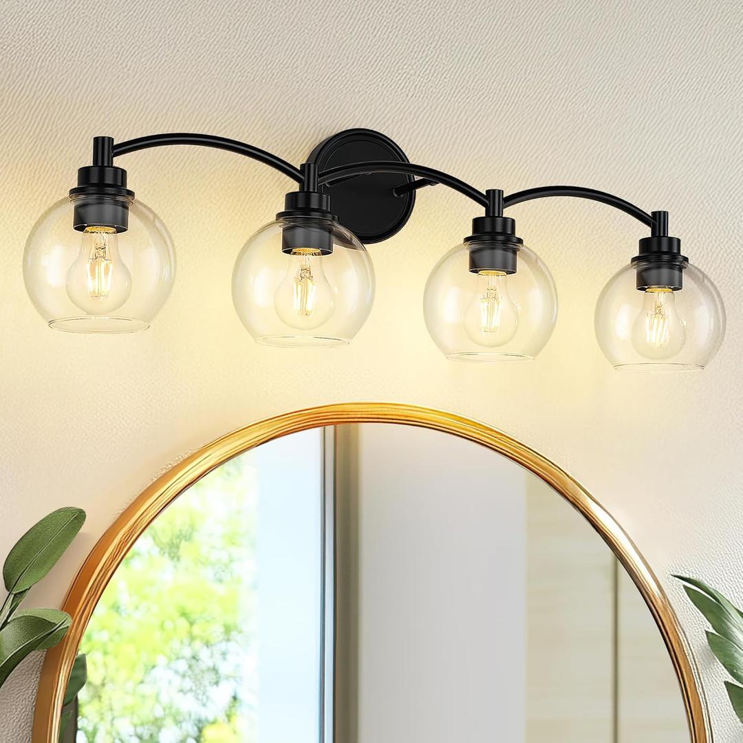 4-Light Vanity Light Fixture Over Mirror,Globe Bathroom Light with Clear Glass,Modern Black Wall Sconce,ZCVL02BK-4