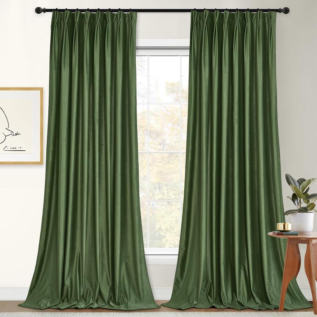 StangH Moss Green Velvet Curtains for Bedroom, Pinch Pleated Luxury Christmas Decorative Drapes Light Reducing Thermal Insulated Room Dividers for Living Dining Room, W52 x L90, 2 Panels