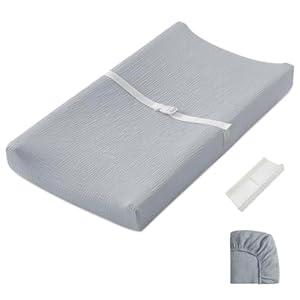 Blissful Diary Muslin Baby Changing Pad with Waterproof Lining Foam, Diaper Changing Table Pad with Cover for Dressers (Gray, Rectangular)