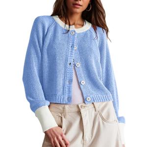 UNCLECAT Women's Cropped Cardigan Sweaters Fall Long Sleeve Open Front Cardigans Button Down Color Block Knit Outwear Coats (Blue, XXL)