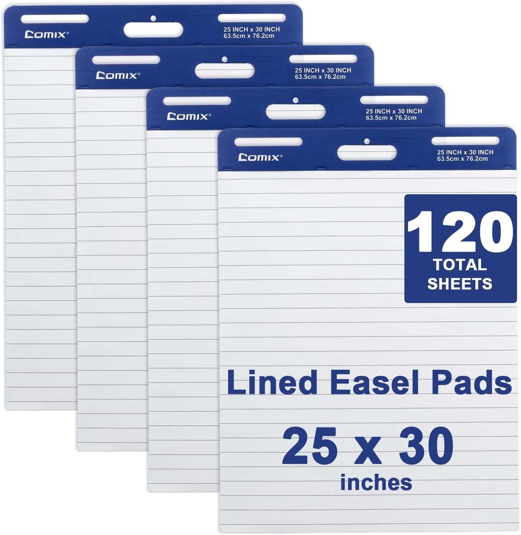 Comix Lined Sticky Easel Pad, 25 x 30 Inches Flip Chart Paper for Teachers, Large Self Stick Easel Paper, 30 Sheets/Pad, 4 Pads/Pack
