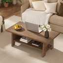 Farmhouse Wood Coffee Table - 43.4" Rectangle Coffee Table Solid Wood Tabletop, Center Tables with Storage Shelf for Living Room, Natural