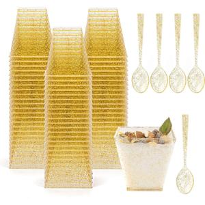 Tebery 100 Pack 8oz Gold Glitter Medium Plastic Dessert Cups With 100 Spoons Square Dessert Bowls for Tasting Party Desserts Appetizers