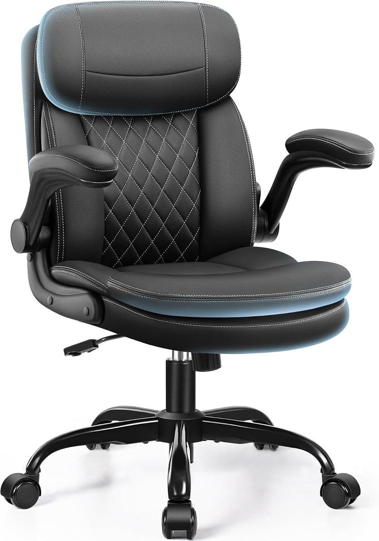 Leather Office Chair, Upgraded PU Computer Desk Chairs with Double-Layer Seat Cushion and Neckrest, 360Swivel, Ergonomic Small Gaming Chair with Wheels and Adjustable Armrests for Short People, Black