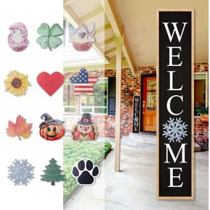Interchangeable Welcome Sign for Front Porch Door, 45"X9" Wood Black | Outdoor Leaner Home Wooden Frame, 12 Pcs Replaceable Icons, Outside Standing Seasonal Holiday Decorations