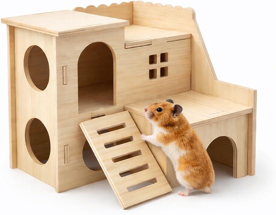 Tiny Hamster Maze Wood House Fun Slide House Double-Decker Hut for Dwarf Gerbil Mouse Mice Rat Small Animals(Only for Small Hamster)