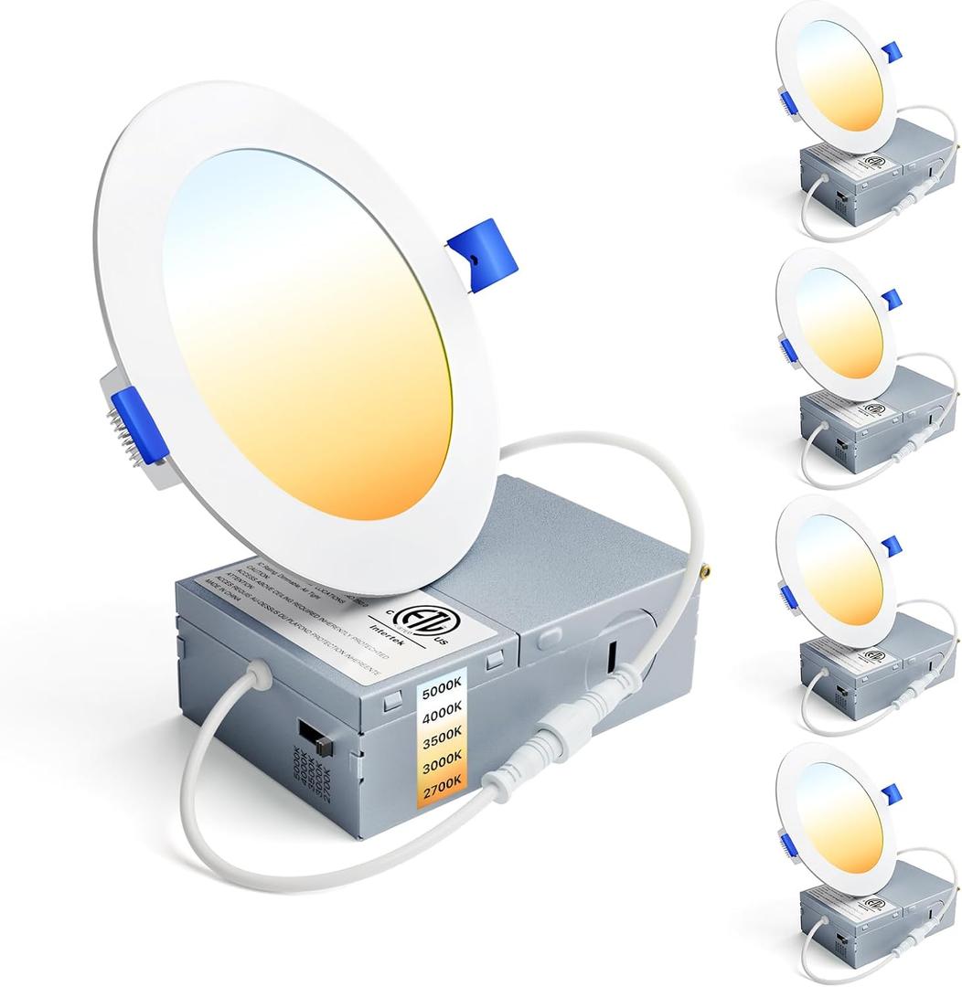 Ensenior 4 Pack 4 Inch LED Recessed Light, Dimmable, 2700K-5000K 5CCT, 750LM High Brightness, 9W 120V, Damp Rated, Ultra-Thin Canless Wafer Ceiling Light - ETL & FCC & IC