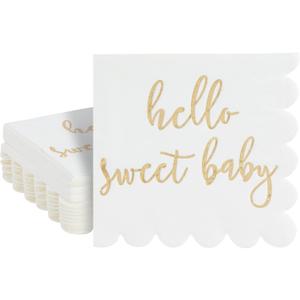50 Pack White Scalloped Baby Shower Napkins for Girls and Boys, Gold Foil Hello Sweet Baby Decorations (5 x 5 In Scalloped Napkins)