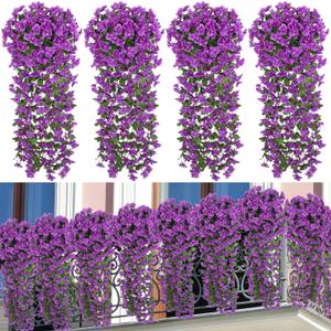 Ouddy Decor 4 Pcs Artificial Hanging Flowers Fake Hanging Plants Violet Flowers Vine Garland for Home Indoor Outdoor Garden Patio Yard Room Porch Wedding Decoration, Purple
