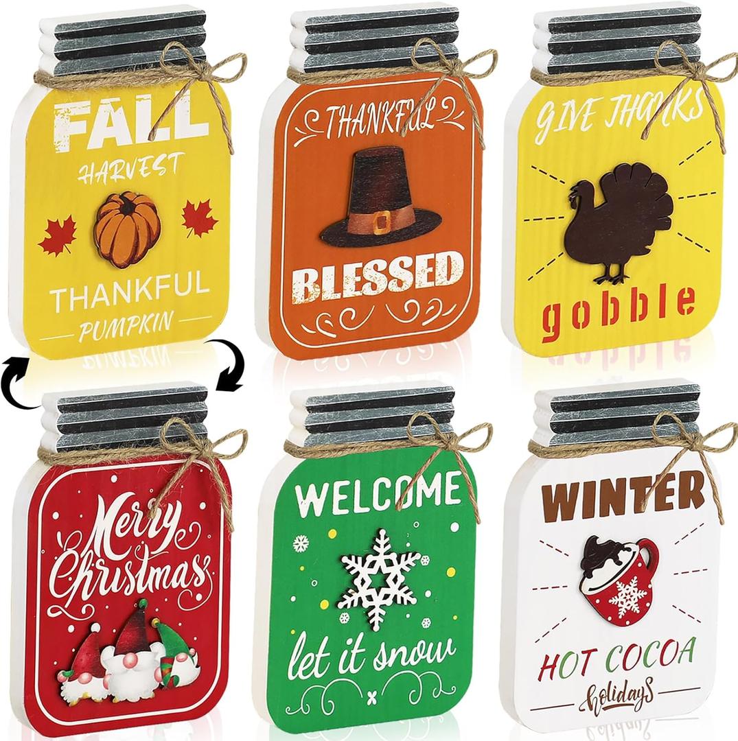 4 x 3PCS Reversible Thanksgiving Decor & Christmas Decorations Wooden Mason Jar, Winter & Fall Decorations for Home, Table, Fireplace Mantel, Shelf, Office Desk, Xmas Holiday Decorations