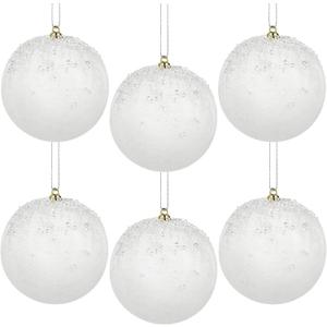 6PCS 4 inch White Glitter Velvet Christmas Ball Ornaments Set, Glitter Shatterproof Christmas Tree Hanging Ornament Flocked Hanging Balls Xmas Trees Wreath Garland Holiday Party, White