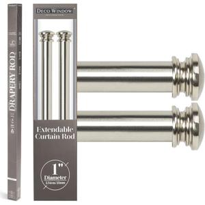 Deco Window 2 Pack 36" to 66" Extendable Silver Curtain Rod for Door & Windows Adjustable Length Heavy Duty Curtain Drapery Rod with End Cap Finials (1” Diameter)