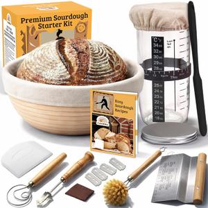 Sourdough Starter Kit for Beginners 9 Banneton Bread Proofing Basket with 24oz Glass Sourdough Starter Jar & Sourdough Bread Baking Supplies, Easy No-Fail Kit, Gift for Home Bakers
