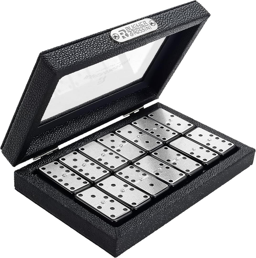 Bucher&Rossini Metal Surface Dominoes Set Double 6 - Classic Black Domino's Game Set with Silver Metal Surface Dominos Set for Adults and Kids Ideal Gift for Domino Players or Family Game Night