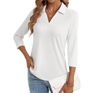 LYHIPSS 3/4 Length Sleeve Womens Tops Dressy Casual V Neck Polo Shirts Business Work Blouses 2025 Trendy Tunic Top White Medium