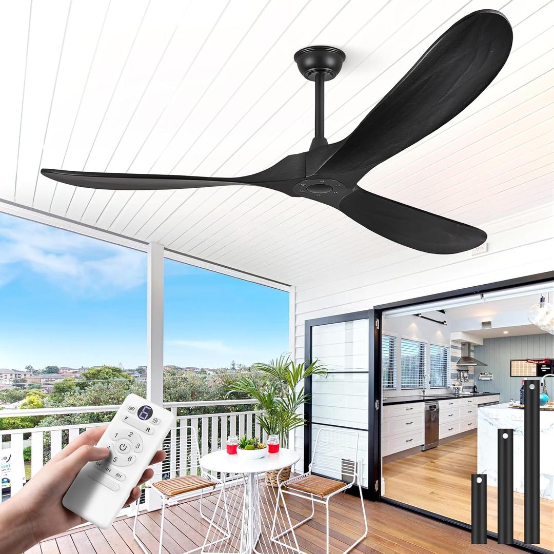 Haipeel 52 Inch Ceiling Fan no Light, Wood Ceiling Fans without Lights with Remote Control, Indoor Outdoor Ceiling Fan for Porch Garage Modern Propeller Black Ceiling Fans 3 Blades, Matte Black