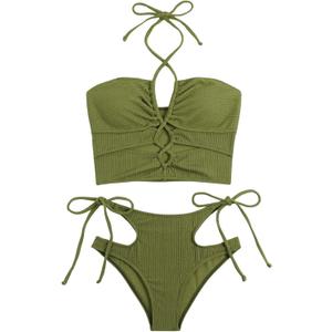 SweatyRocks Women's Lace Up Cut Out Halter Bikini Set High Waisted Two Piece Bathing Suit Swimwear (Large, Olive Green)