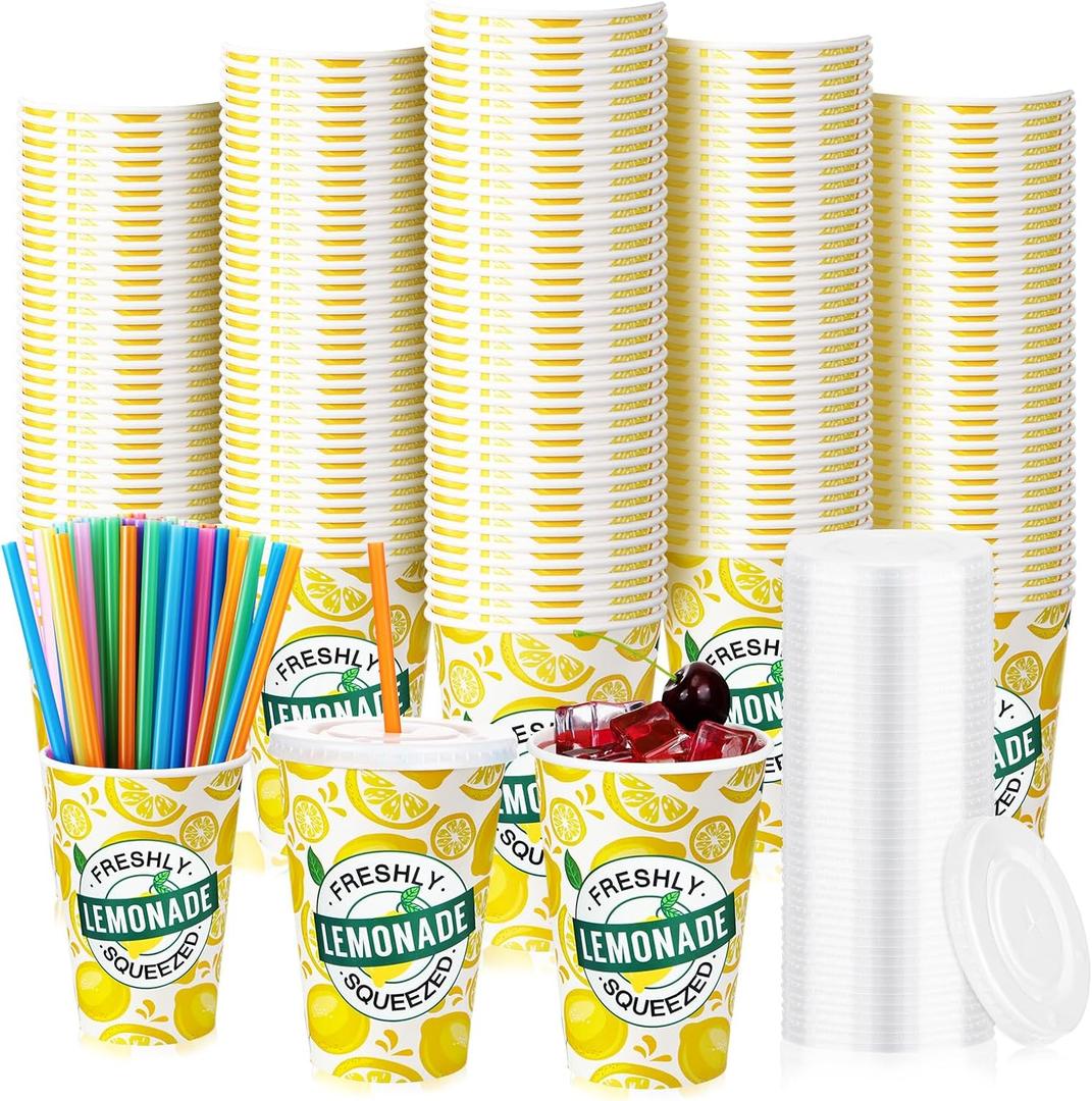 Meanplan 300 Pieces/100 Sets Lemonade Cups with Lids and Straws Disposable Cups for Party Decorative Lemon Paper Cup Lemonade Stand Supplies for Water Juice Kitchen Coffee Birthday Decorations (12 oz)