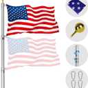 25ft Telescopic Aluminum Flagpole with U.S. Flag and Ball Top Kit Support Fly 2 Flag, Outdoor In Ground Heavy Duty American Flag Poles for Commercial or Residential, Silver