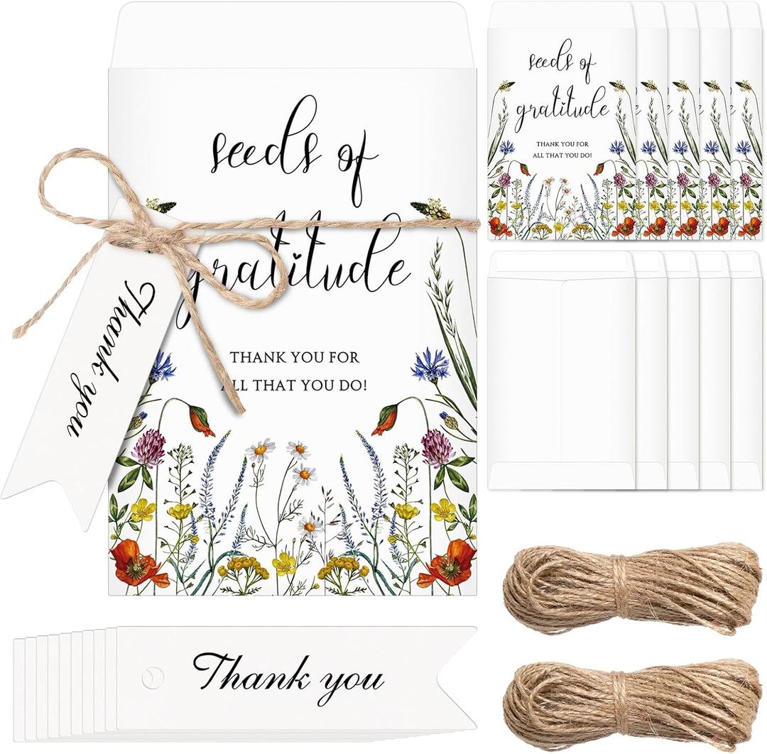 Chuangdi 50 Sets Wildflower Seed Packets Bulk Seeds of Gratitude Party Favors Self Adhesive Paper Empty Envelope with Thank You Tags Thank You Gifts Wrapping Supplies for Guests (No Seed)