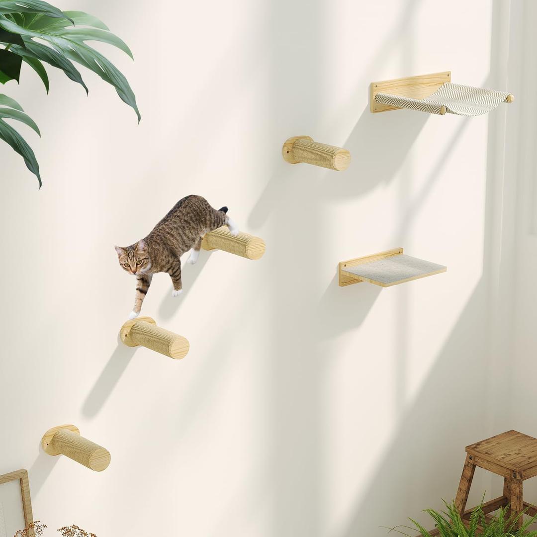 Cat Wall Shelves, Wooden Cat Wall Furniture Includes 4 Scratching Post Steps, Jumping Platform, Hammock for Kittens