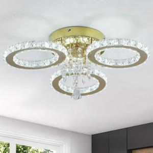 VETRULUS Modern 3-Ring Crystal LED Chandelier, Gold Flush Mount Ceiling Light Fixture, White Light for Bedroom, Dining Room, Hallway