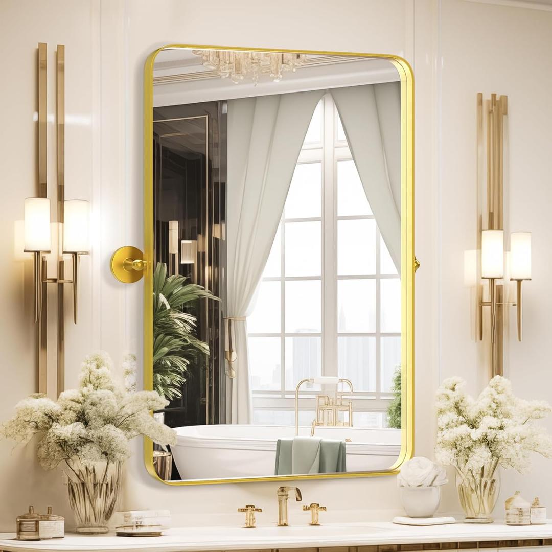Adjustable Bathroom Mirrors Vanity Mirror - 22"x30" Gold Stainless Steel Rectangular Matte Rounded Rectangle Mirror with Brushed Rimmed Decorative Farmhouse Premium Frame Large Mirror