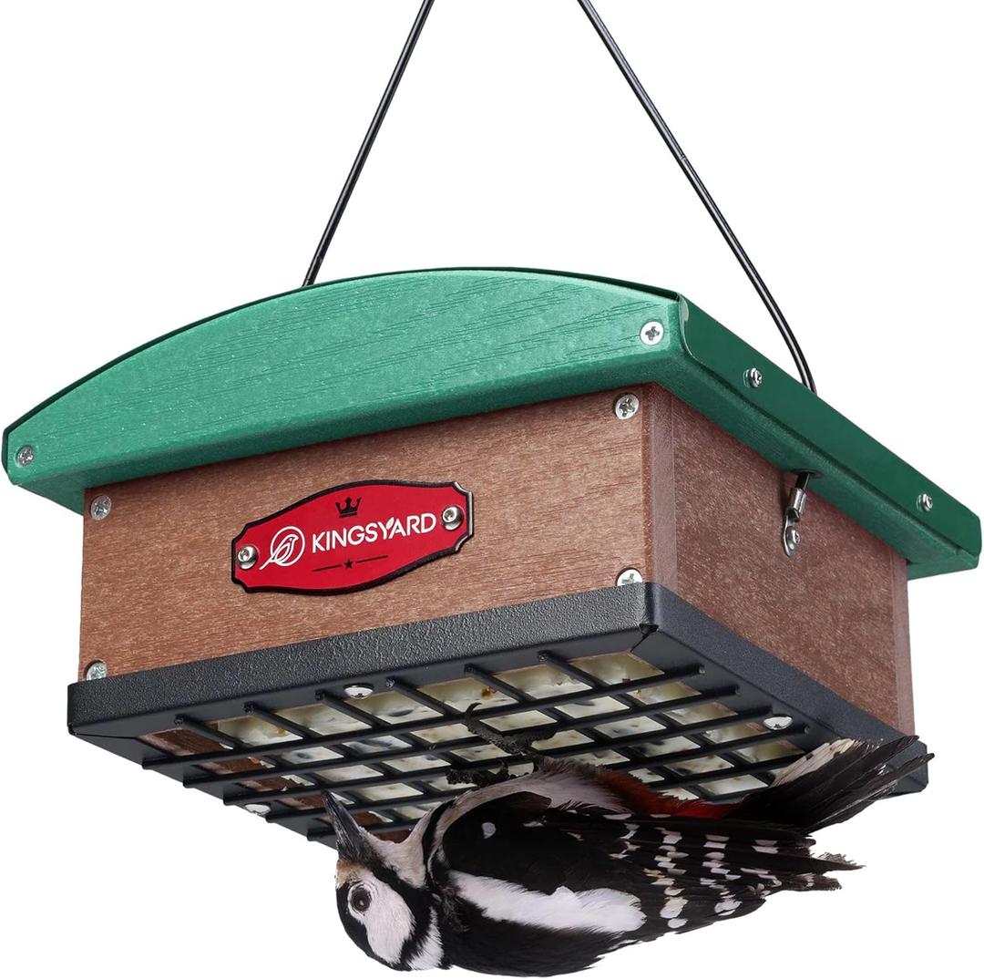 Kingsyard Upgraded Upside Down Double Suet Feeder with Metal Weatherproof Roof, Squirrel-Proof Metal Edging, Suet Feeders for Outside Hanging, Great for Attracting Woodpecker, Nuthatch, Titmouse (Green)