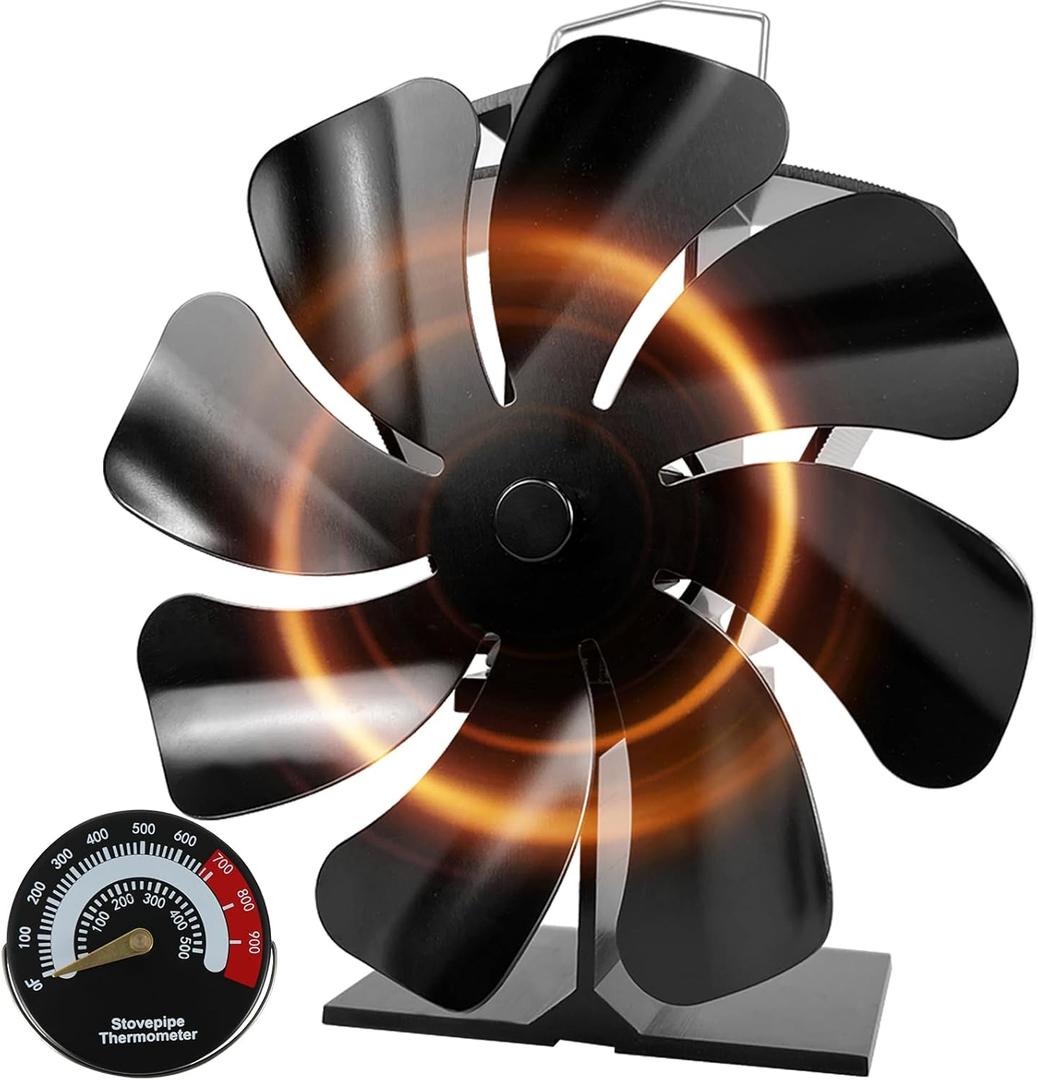 Tomersun Wood Stove Fan Heat Powered Stove Fan, Fireplace Fan for Wood Burning Stove/Pellet/Fireplace, with Thermometer (8 Blades)