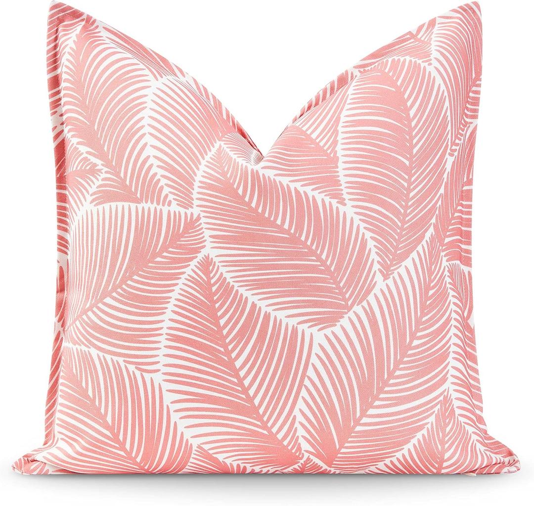 Hofdeco Premium Coastal Patio Indoor Outdoor Pillow Cover Only, 20"x20" Water Resistant for Backyard, Couch, Coral Pink Palm Leaf (Coral Pink Palm Leaf 20"x20")