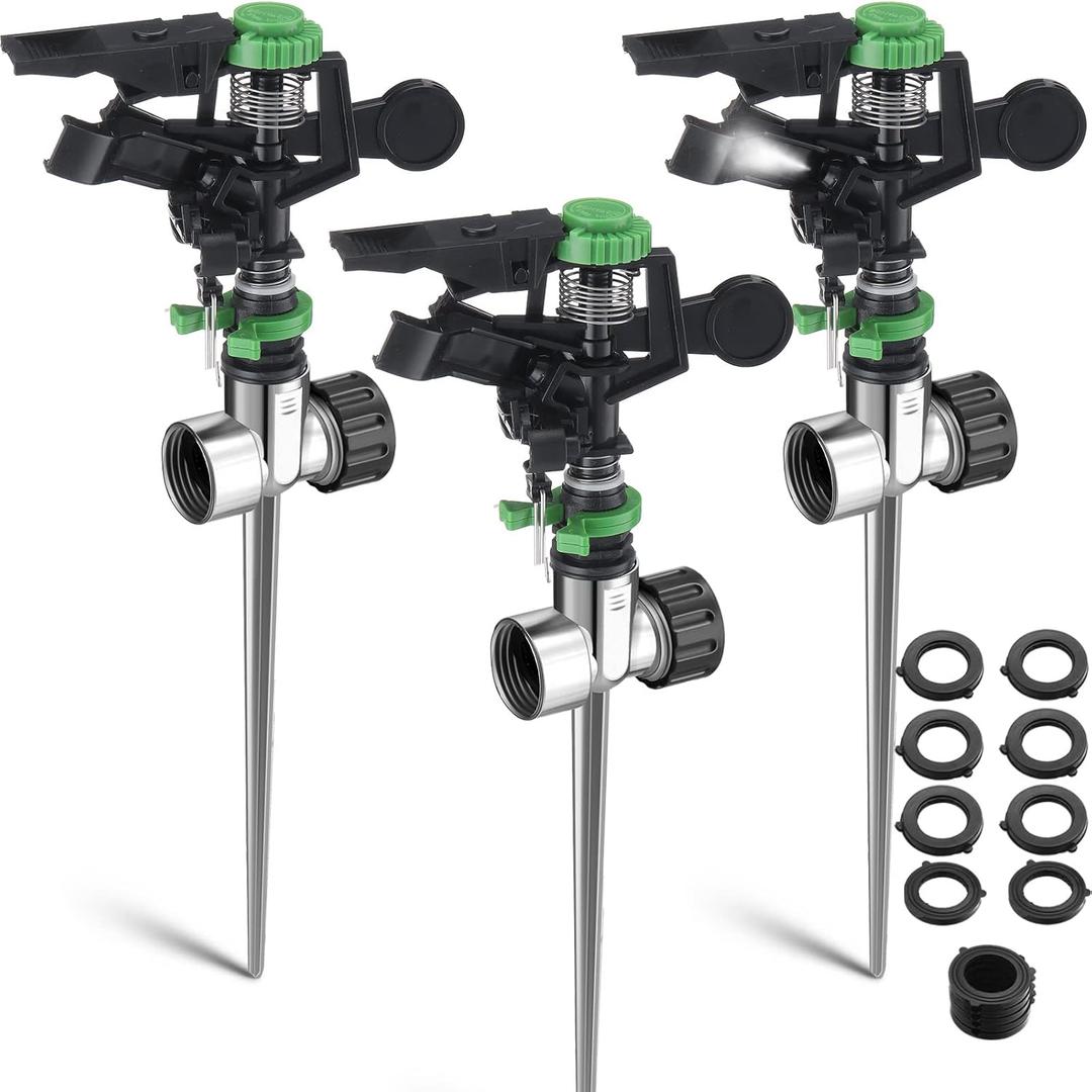 Pulsating Sprinkler with Metal Spike, Rotating Impact Sprinkler for Large Area Coverage (3, Black and Green)