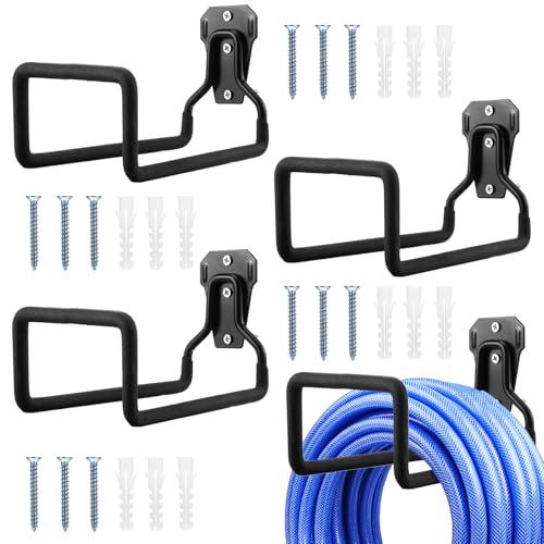 4 Pack Heavy Duty Garden Hose Holder Wall Mount, Metal Black Water Hose Hanger Reel Organizer for Outside Yard Storage