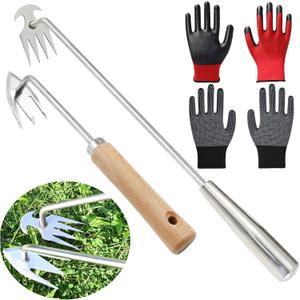 HoJianele 24 inch Garden Weed Puller Tool, Hand Weeder Tool with Long Handle, 2 Pcs Weeding Pulling Tool, Gardening Weed Removal Tools, Stainless Steel, Artifact Uprooting Weed Remover Tool (3+4 Teeth)