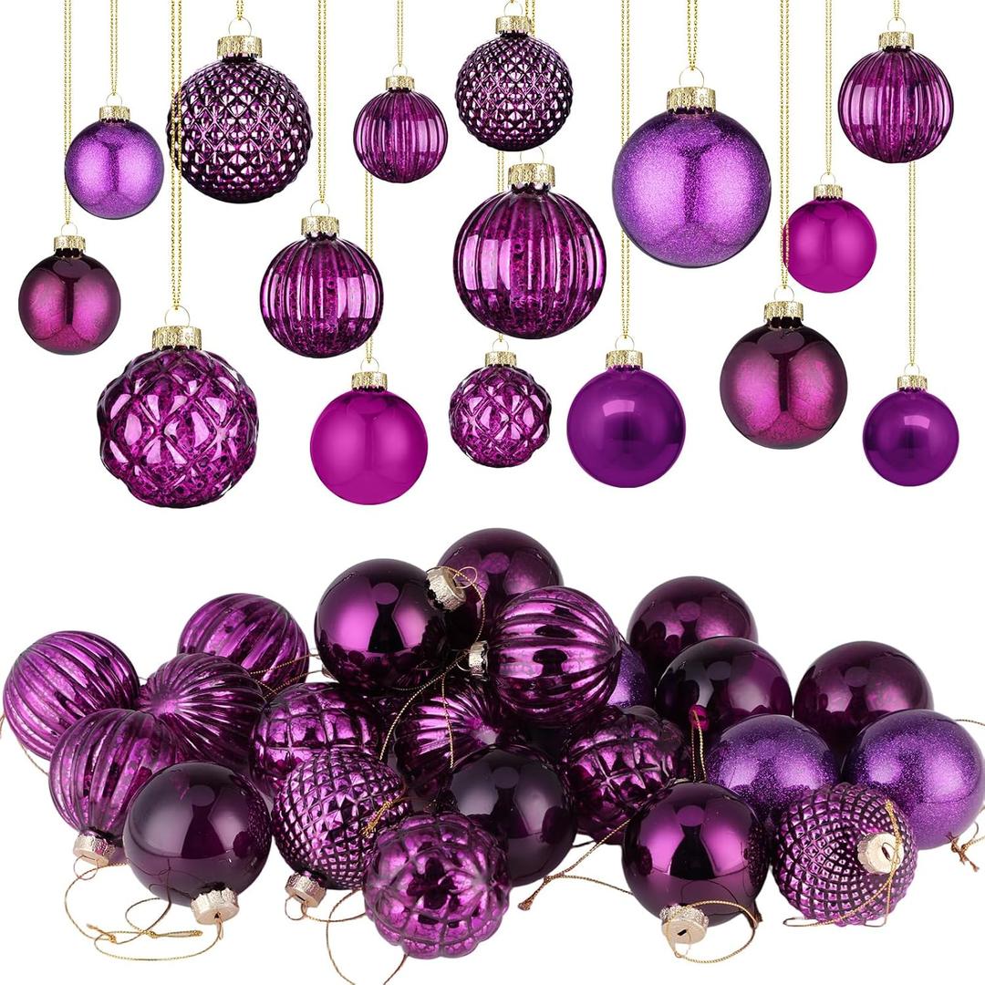 Liliful 24 Pcs Purple Glass Christmas Ball Ornaments Christmas Tree Decoration Hanging Balls Neutral Vintage Mercury Ornaments for Xmas Festival Home Wedding Holiday Farmhouse Party Decor, 2.36 Inch