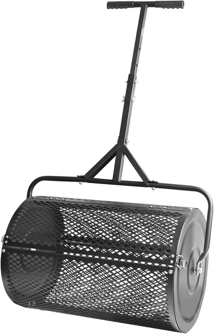 24 Inch Compost Spreader and Peat Moss Spreader, 24" Lawn Spreader Roller Spreader with Height Adjustable T Shaped Handle, Steel Mesh Basket Garden Spreader for Spreading Manure Topsoil, Black